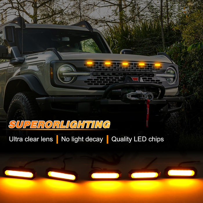 5PCS LED Grille Lights Amber & Smoked with Wiring Harness for 2021-2024 Ford Bronco 2/4 Doors Badlands/ Wildtrak/ Everglades