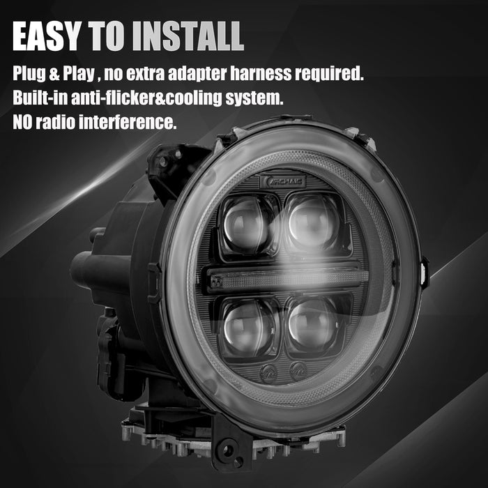 9" 3D Four Lens-Type Jeep LED Headlights Featuring a Dynamic Welcome Sequence, Integrated DRL, and Turn Signals