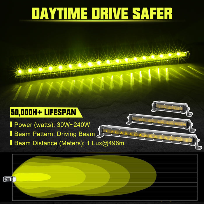 7/13/19/25/30/36/42/48 inch Single Row Amber Lens Flood 30W-240W Off Road LED Light Bars