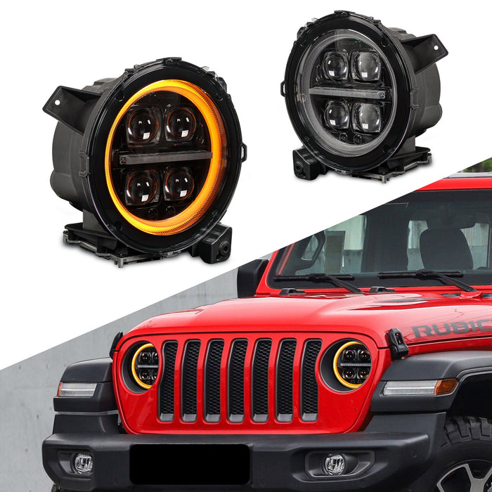 9" 3D Four Lens-Type Jeep LED Headlights Featuring a Dynamic Welcome Sequence, Integrated DRL, and Turn Signals