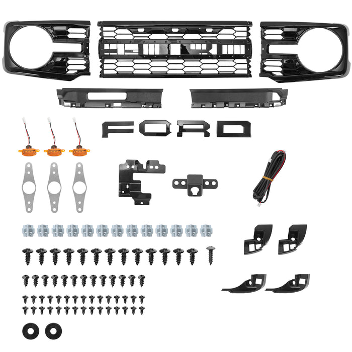 Ford Bronco Piano Black Grille Raptor Style with Letter Inserts & Yellow LED Lights