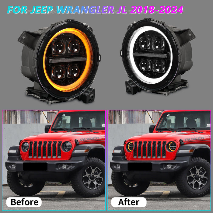 9" 3D Four Lens-Type Jeep LED Headlights Featuring a Dynamic Welcome Sequence, Integrated DRL, and Turn Signals