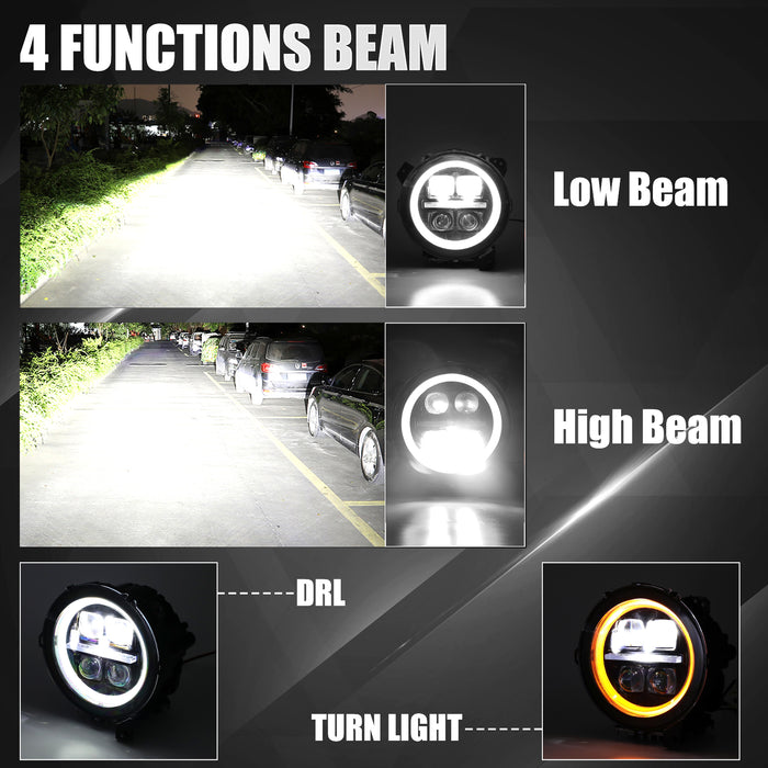 9" 3D Four Lens-Type Jeep LED Headlights Featuring a Dynamic Welcome Sequence, Integrated DRL, and Turn Signals