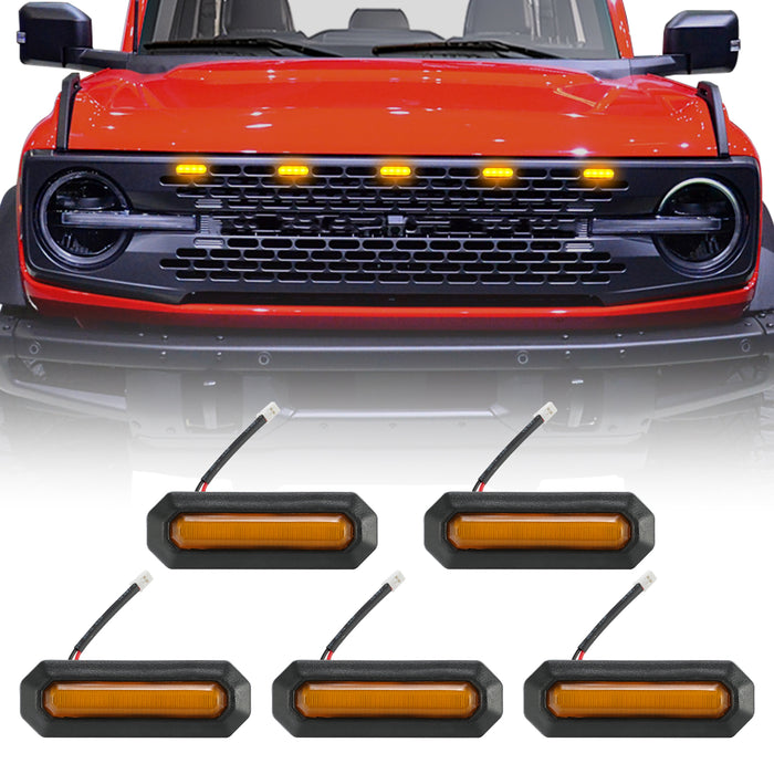 5PCS LED Grille Lights Amber & Smoked with Wiring Harness for 2021-2024 Ford Bronco 2/4 Doors Badlands/ Wildtrak/ Everglades