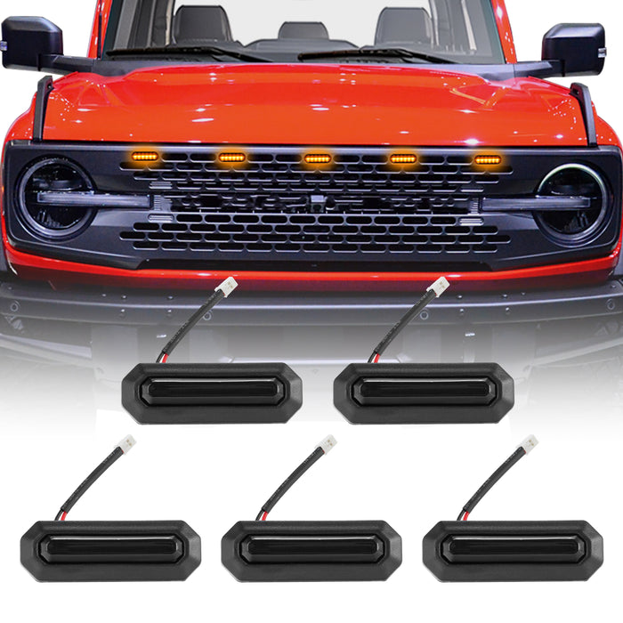 5PCS LED Grille Lights Amber & Smoked with Wiring Harness for 2021-2024 Ford Bronco 2/4 Doors Badlands/ Wildtrak/ Everglades