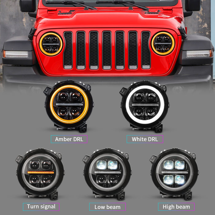 9" 3D Four Lens-Type Jeep LED Headlights Featuring a Dynamic Welcome Sequence, Integrated DRL, and Turn Signals