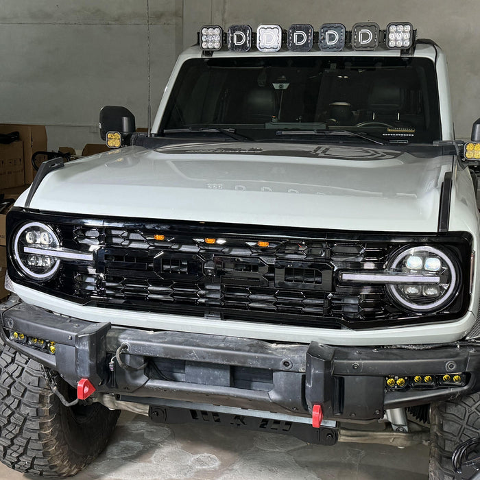 Ford Bronco Piano Black Grille Raptor Style with Letter Inserts & Yellow LED Lights