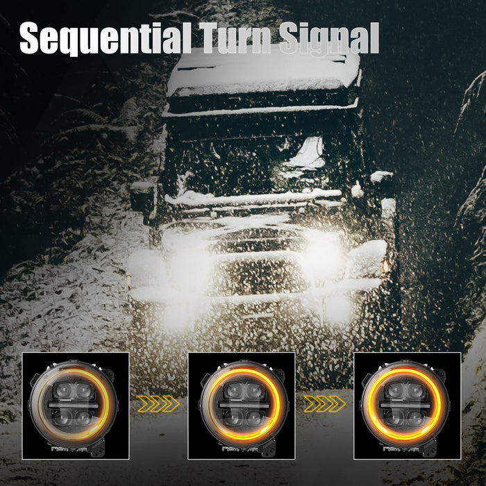 9" 3D Four Lens-Type Jeep LED Headlights Featuring a Dynamic Welcome Sequence, Integrated DRL, and Turn Signals