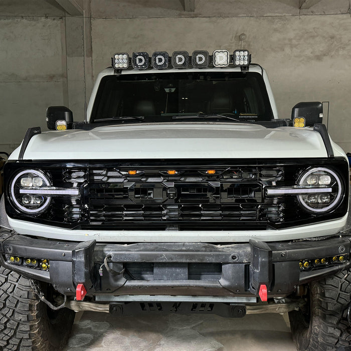 Ford Bronco Piano Black Grille Raptor Style with Letter Inserts & Yellow LED Lights