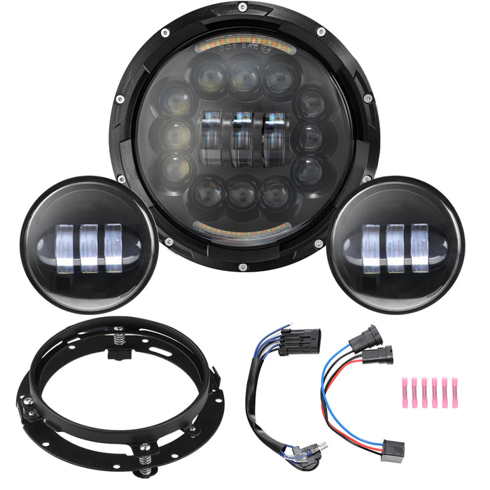 7" LED Black Headlight w/ 4.5" Auxiliary Lights w/ Mounting Bracket & Ring for Harley and Indian