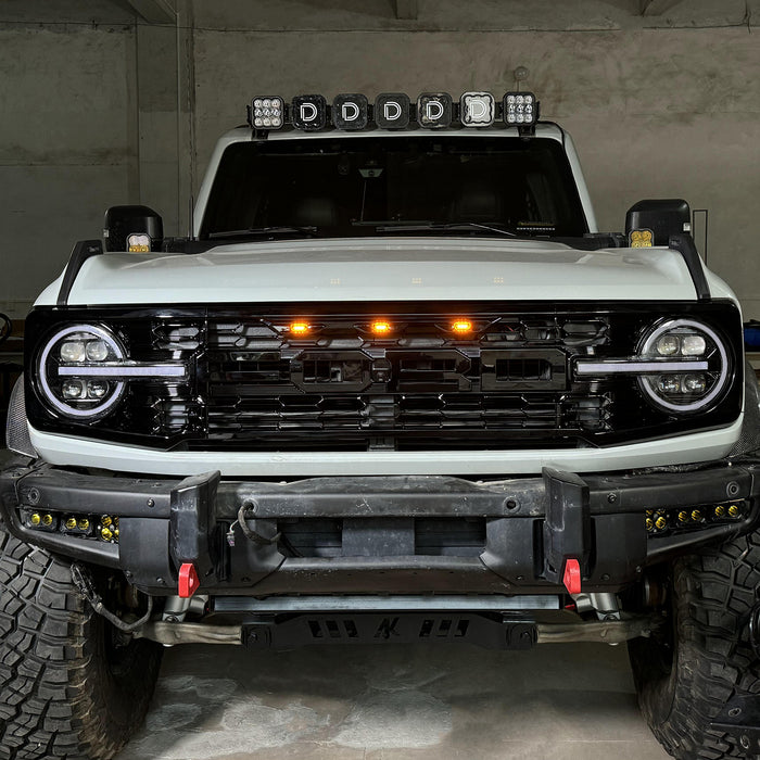 Ford Bronco Piano Black Grille Raptor Style with Letter Inserts & Yellow LED Lights