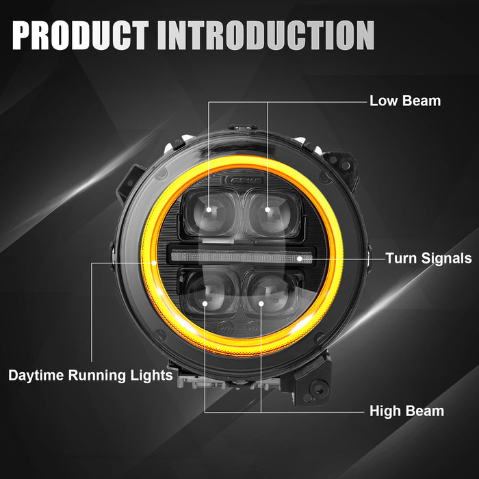 9" 3D Four Lens-Type Jeep LED Headlights Featuring a Dynamic Welcome Sequence, Integrated DRL, and Turn Signals