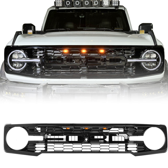 Ford Bronco Piano Black Grille Raptor Style with Letter Inserts & Yellow LED Lights