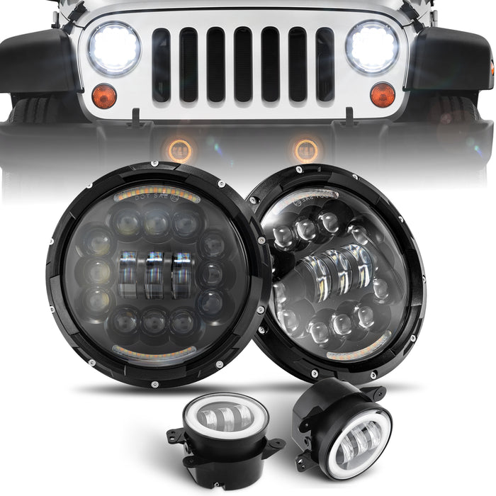 108W 7" LED Headlights & 4" Inch 60W LED Fog Lights with DRL and Amber Turn Signal for Jeep Wrangler JK TJ LJ 1997-2018