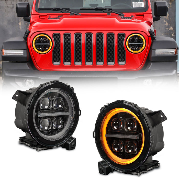 9" 3D Four Lens-Type Jeep LED Headlights Featuring a Dynamic Welcome Sequence, Integrated DRL, and Turn Signals