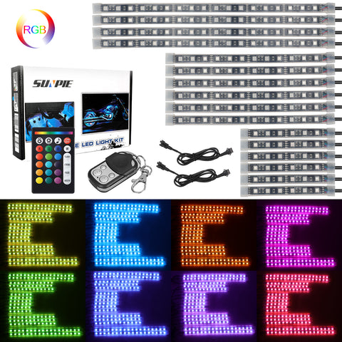 SUNPIE 16Pcs Motorcycle LED Light Kit Strips Multi-Color Accent Glow N