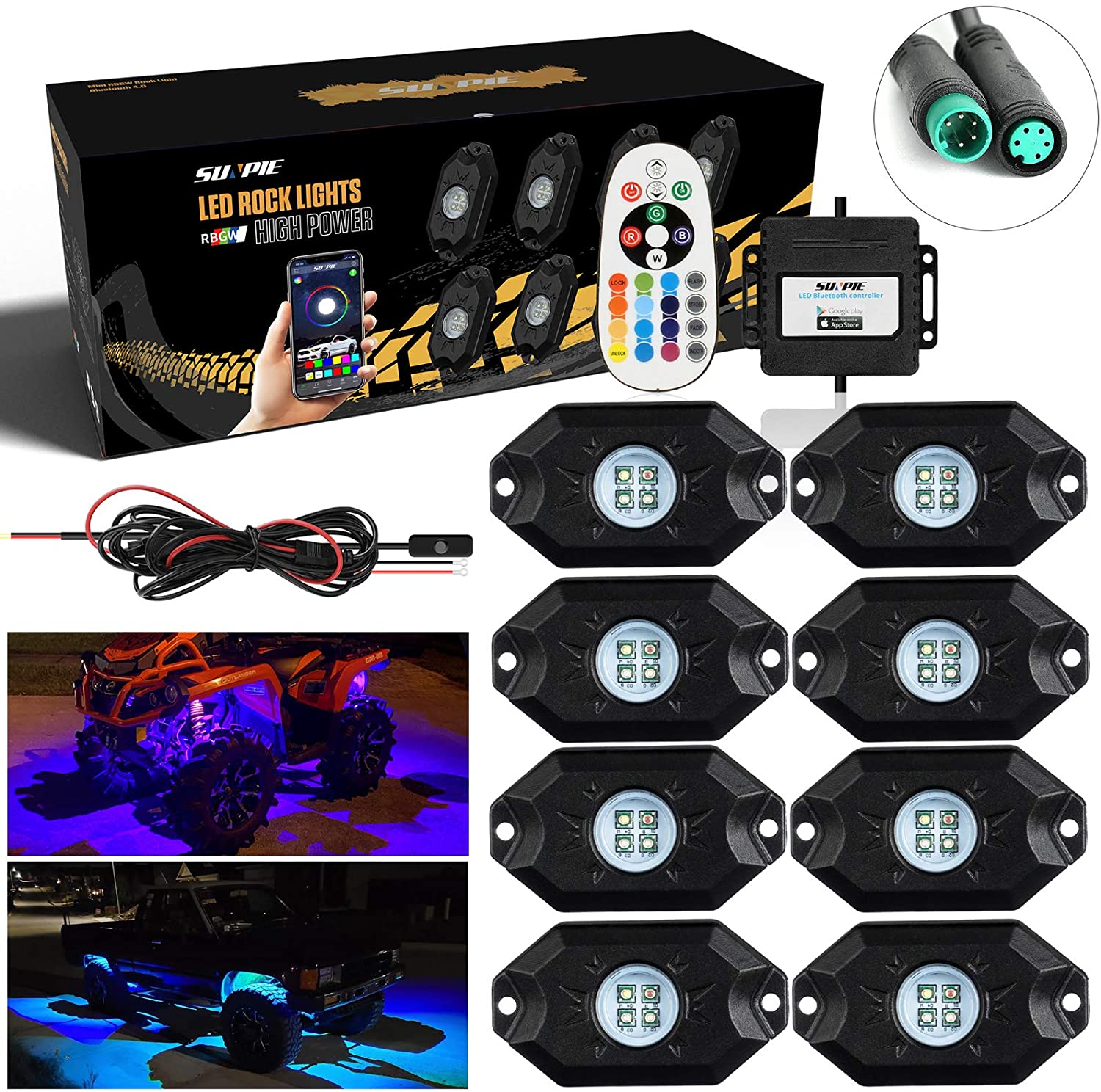 8 Pod Bluetooth Underglow RGB LED Rock Lights Kit with Universal Harness